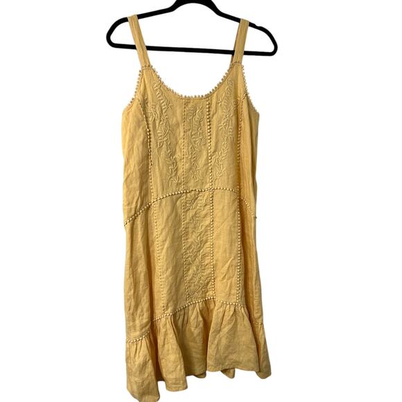 Magaschoni Dresses & Skirts - Magaschoni Linen Sundress Yellow Boho Embroidered  Spaghetti Strap Cottagecore